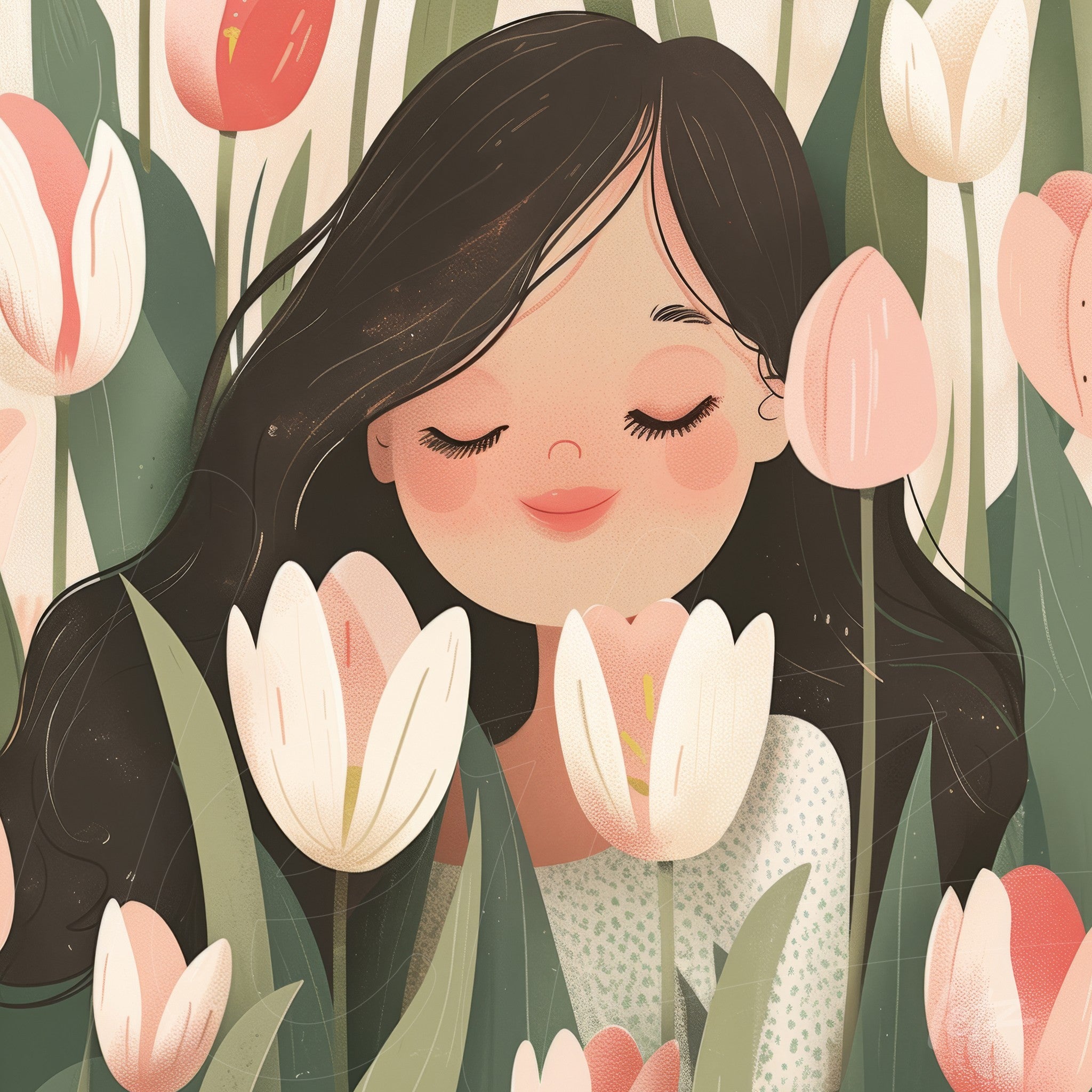 illustration of a smiling woman surrounded by pastel tulips with a soft background