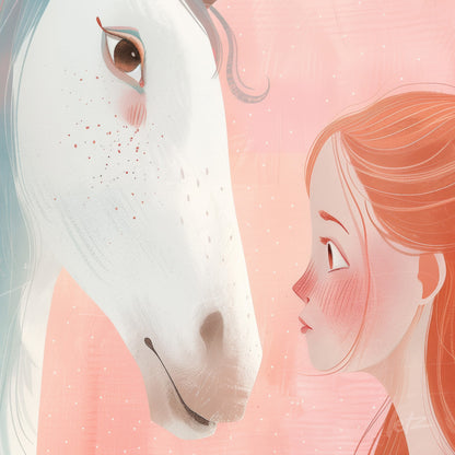 digital art featuring a girl gazing at a white horse with a soft pink background
