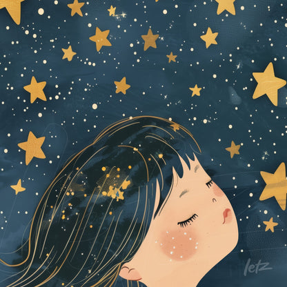 illustration of a dreaming girl under a starry night sky with golden stars