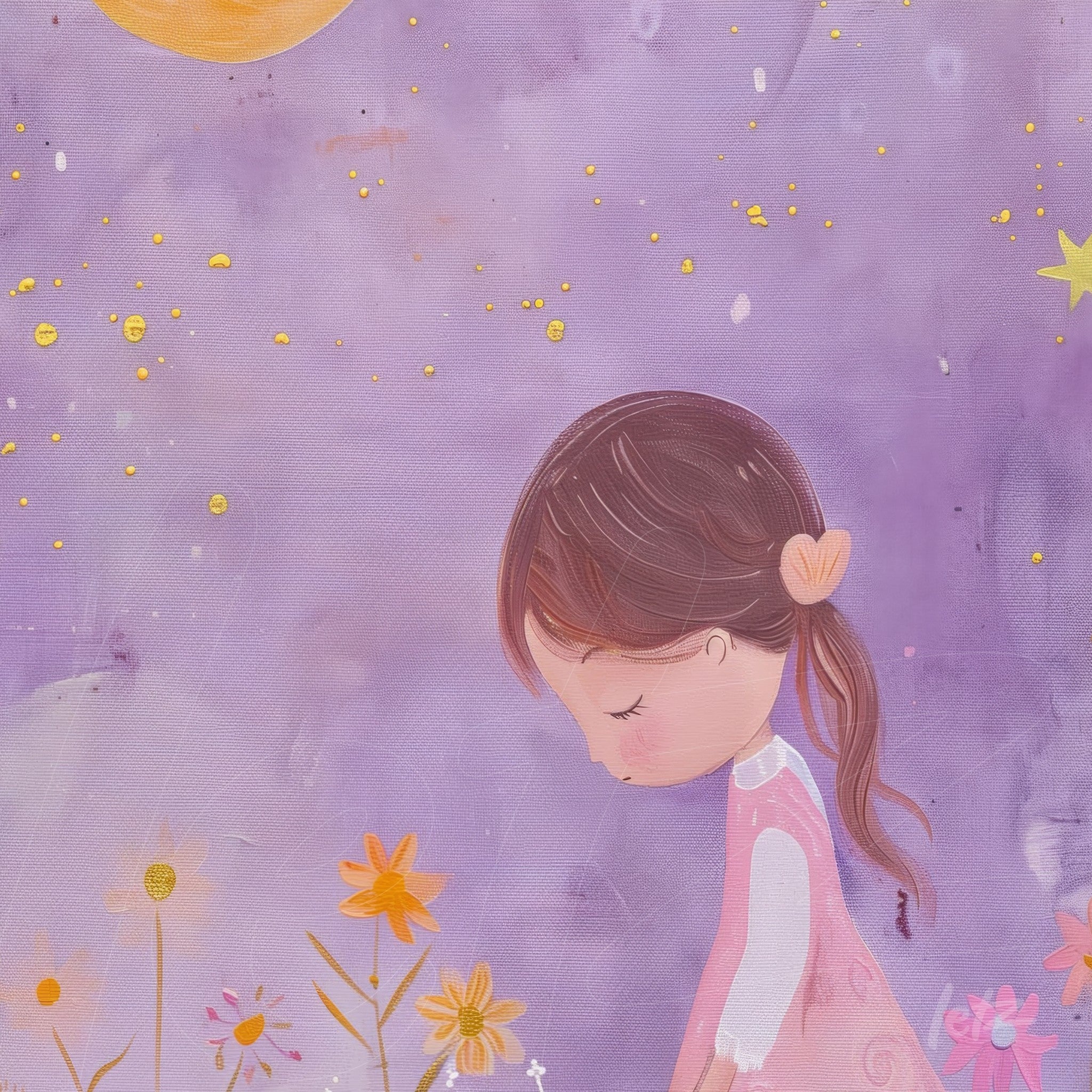 canvas art of a brown-haired girl in a bun looking down surrounded by colorful flowers and a purple background with golden splashes