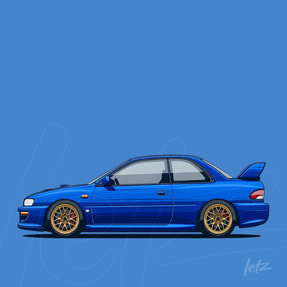 illustration of a sporty blue car with gold wheels and a blue background