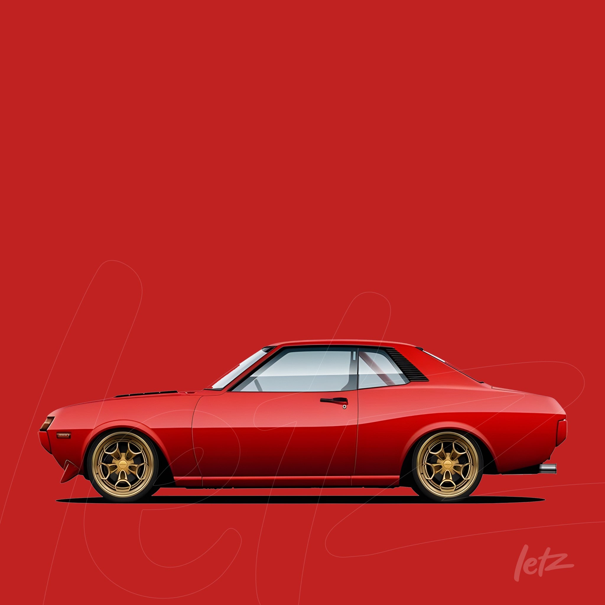 digital artwork of a classic red car on a solid red background featuring gold wheels