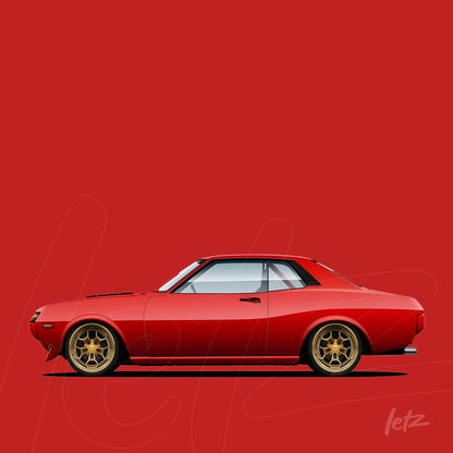 digital artwork of a classic red car on a solid red background featuring gold wheels