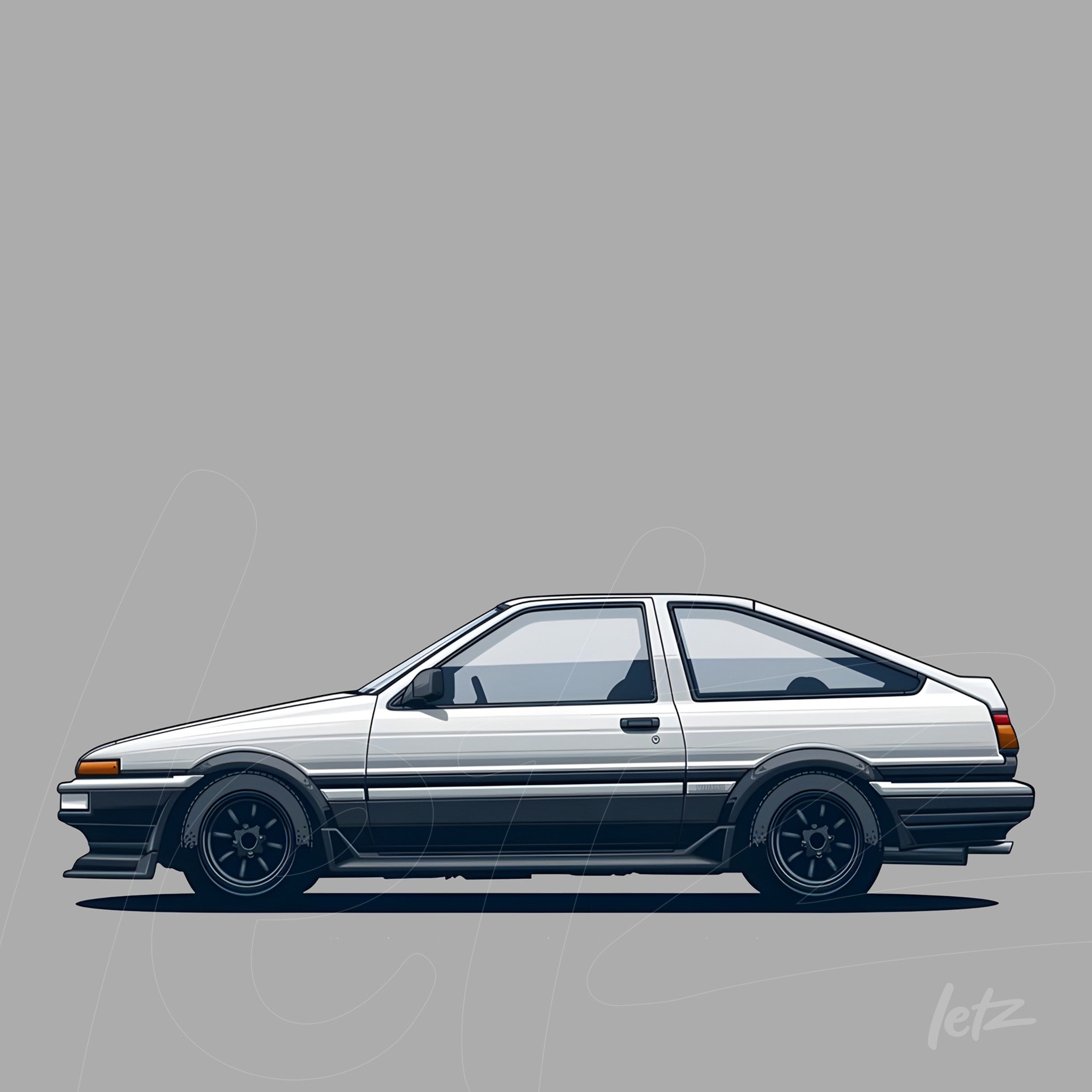 digital illustration of a sporty white car with black accents shown from the side against a gray background