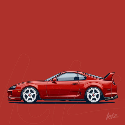 digital illustration of a red sports car against a smooth red background with black accents