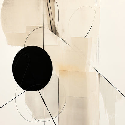 abstract artwork featuring geometric shapes in neutral tones with a prominent black circle