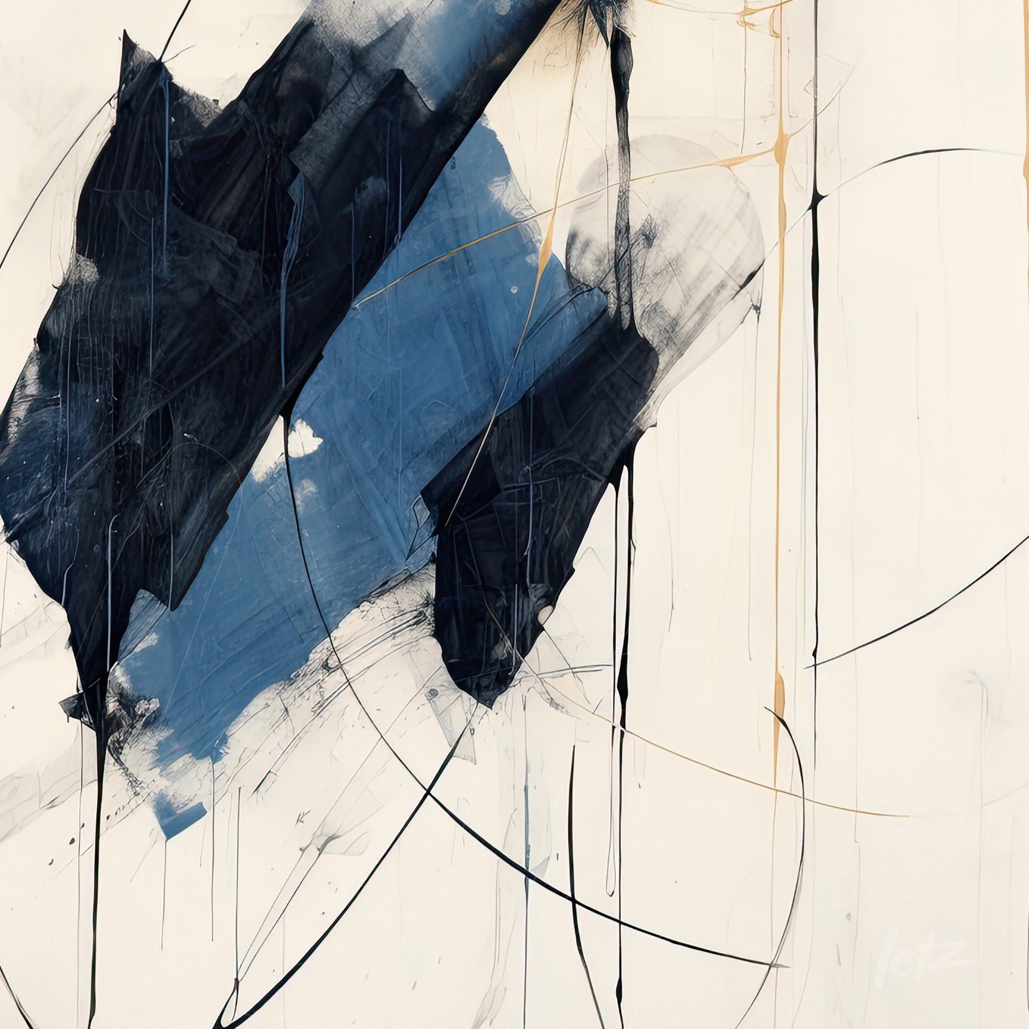 abstract canvas art featuring fluid shapes in blue, white, and black against a light background