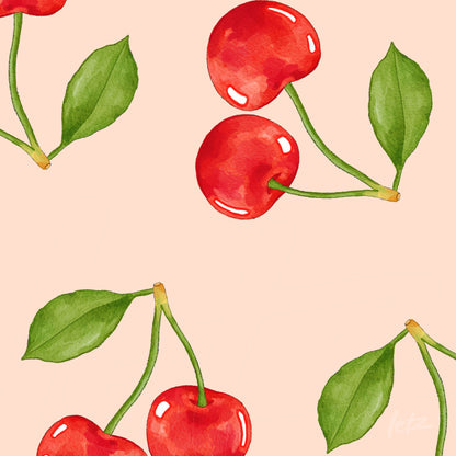 pattern featuring red cherries illustrations on light pink background