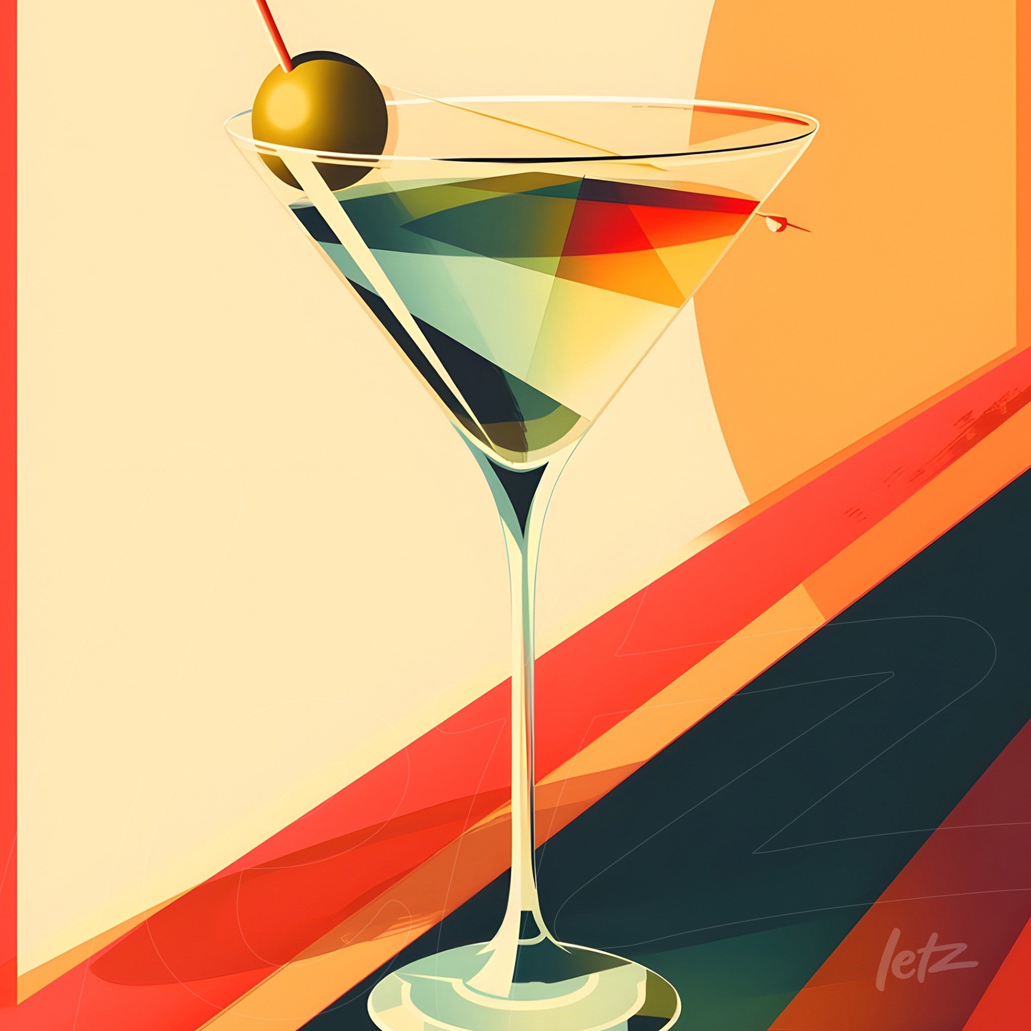 digital art of a martini drink in an elegant glass with colorful shadow and geometric background