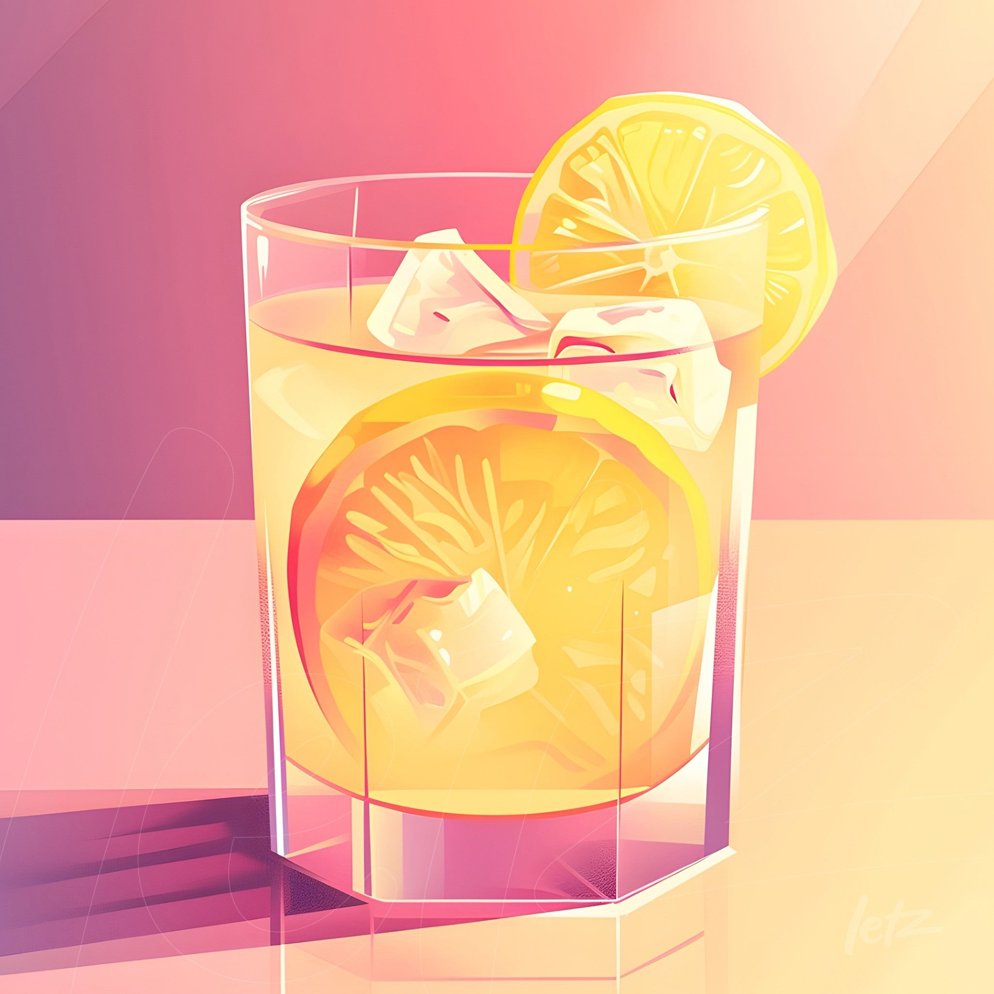 colorful digital artwork of a drink with sliced lemons and ice in a clear glass set against a gradient background