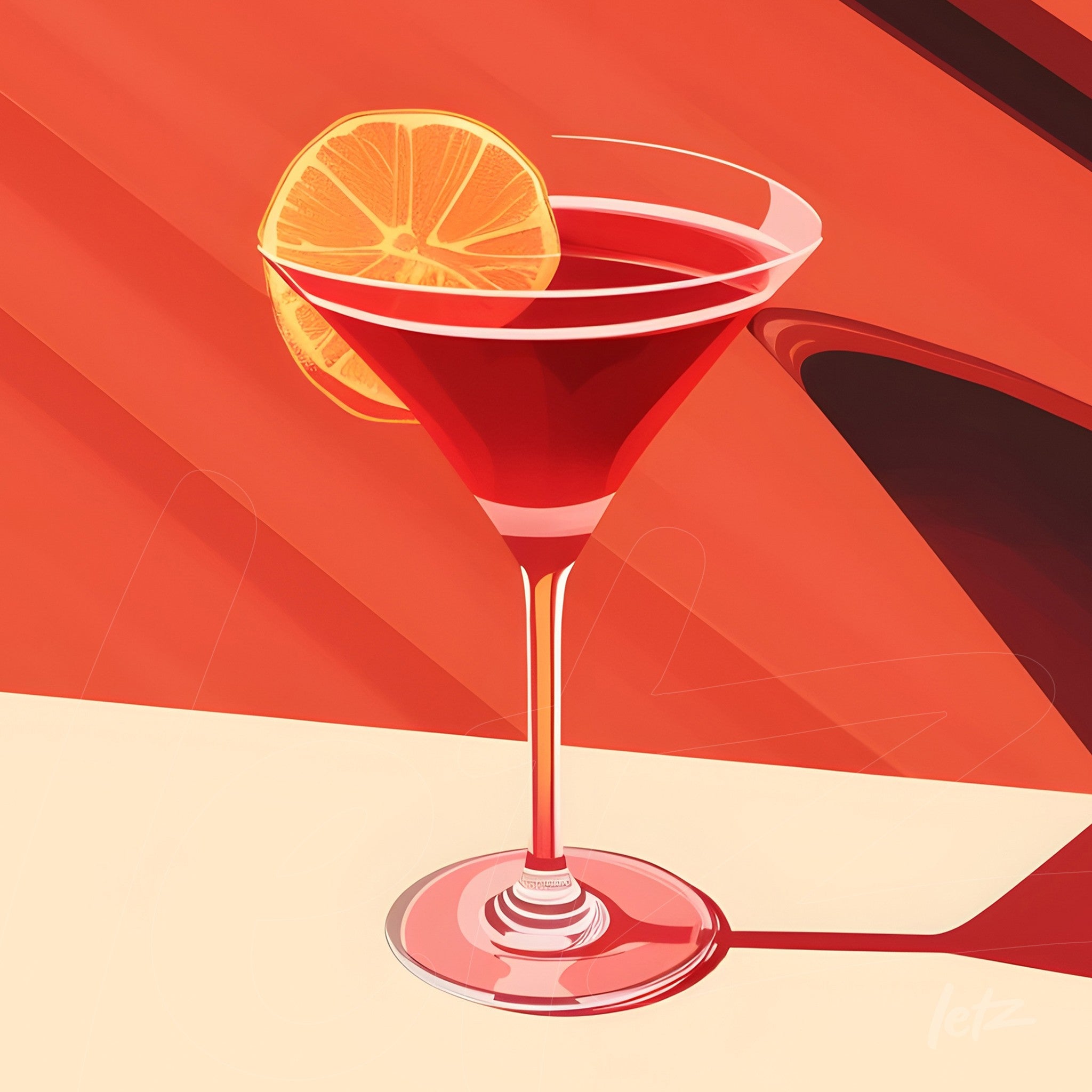 digital art of cocktail with lemon on vibrant red background featuring geometric shapes