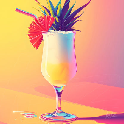 digital art of tropical cocktail with pineapple and umbrella on colorful background