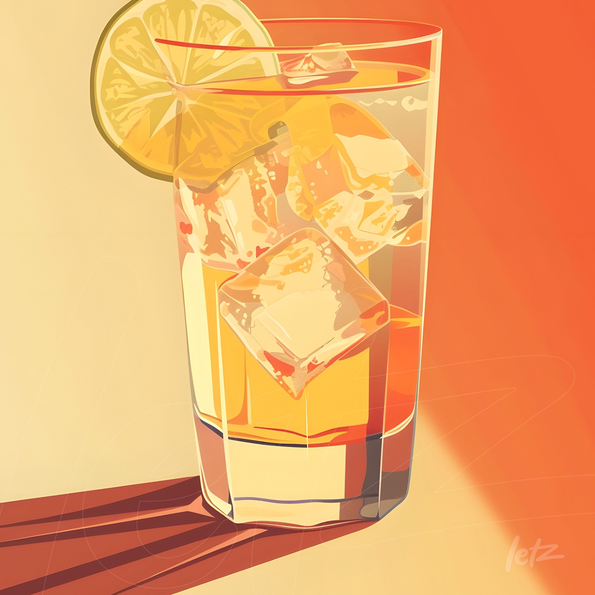 digital art of a yellow drink in a glass with ice and lemon slice against an orange background