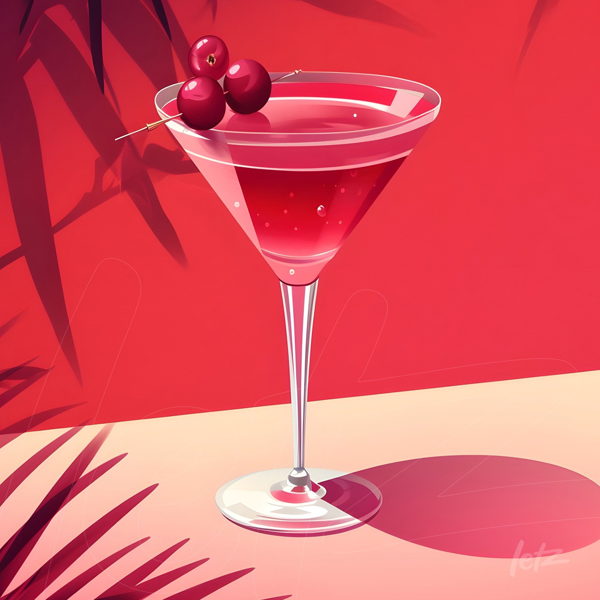 illustration of a cosmopolitan cocktail in a stylish glass topped with cherries against a vibrant red background