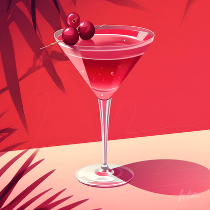 illustration of a cosmopolitan cocktail in a stylish glass topped with cherries against a vibrant red background