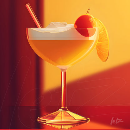 digital artwork of cocktail with vibrant yellow and orange background, garnished with lemon slice and cherry