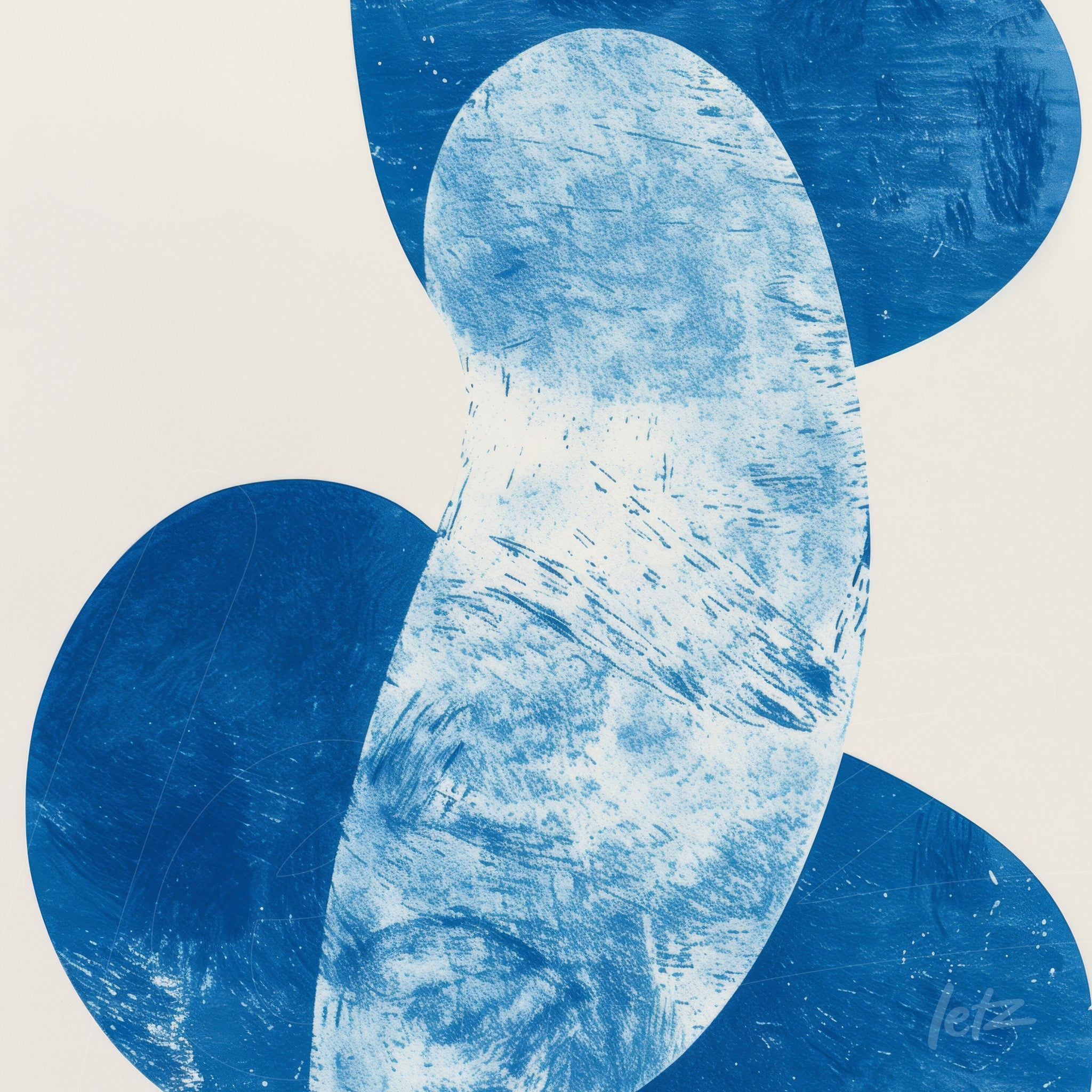 abstract art in blue featuring oval shapes and textures on light background