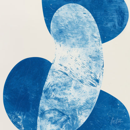 abstract art in blue featuring oval shapes and textures on light background