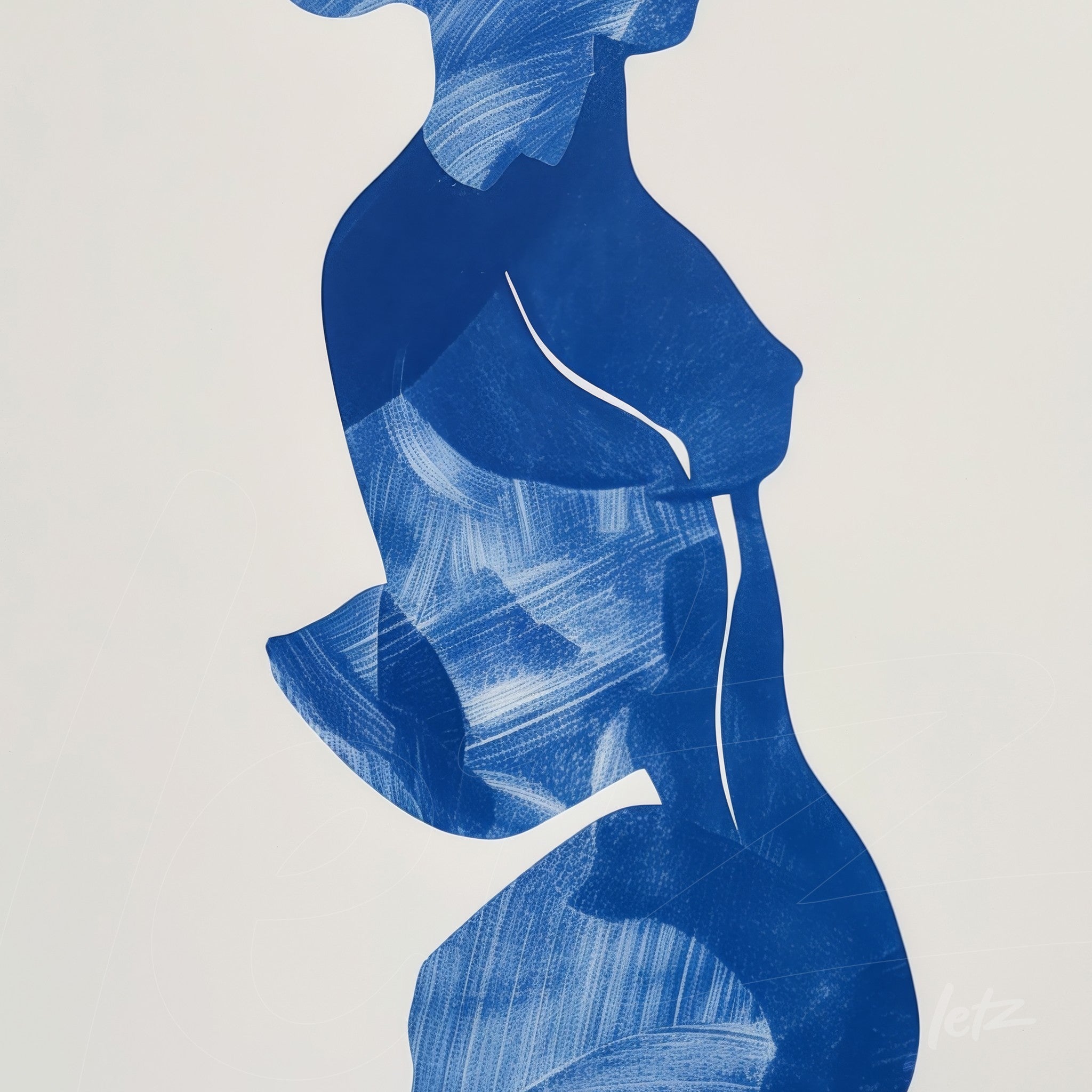 minimalist digital art of female silhouette in blue on white background