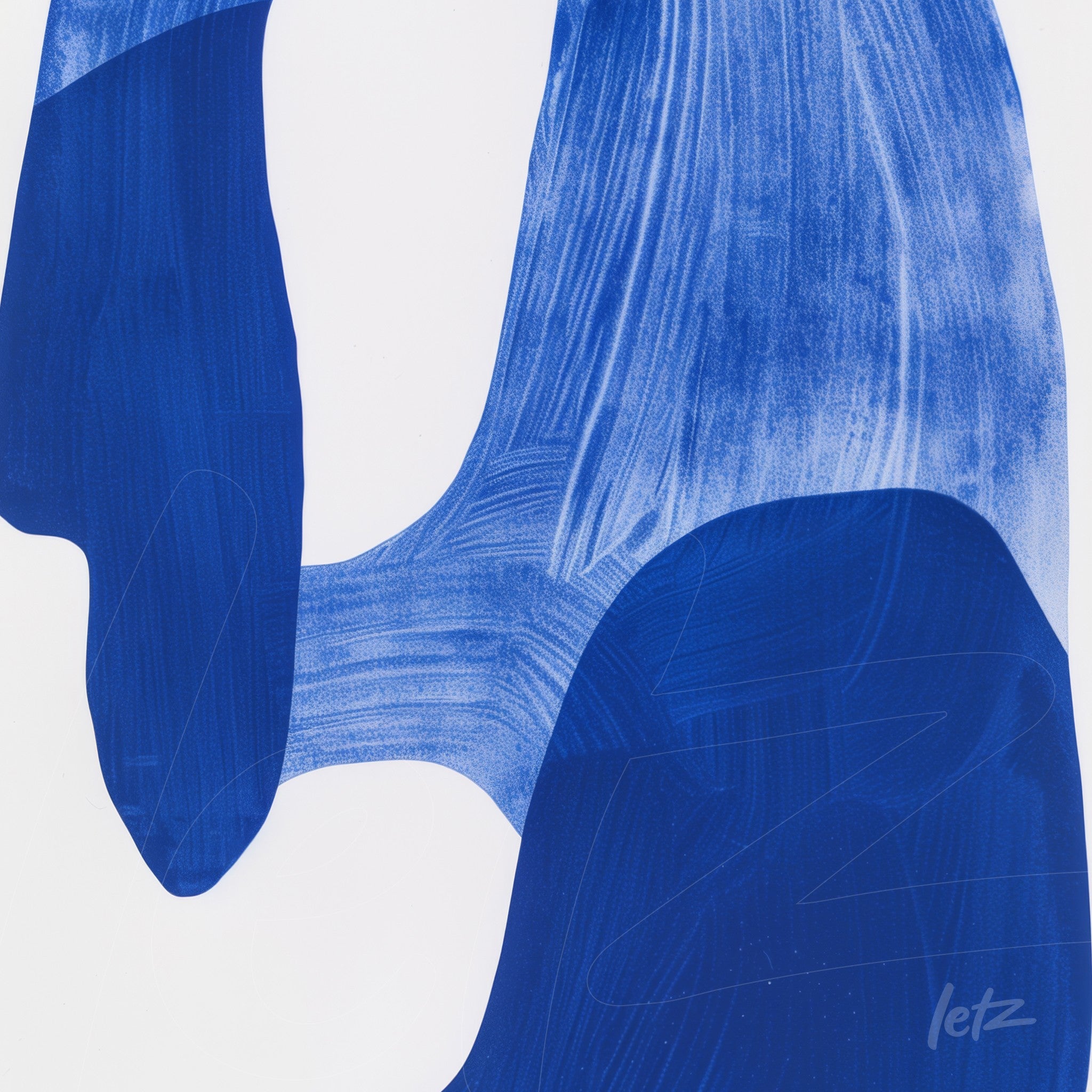 abstract art in blue with fluid shapes and varied textures on a white background
