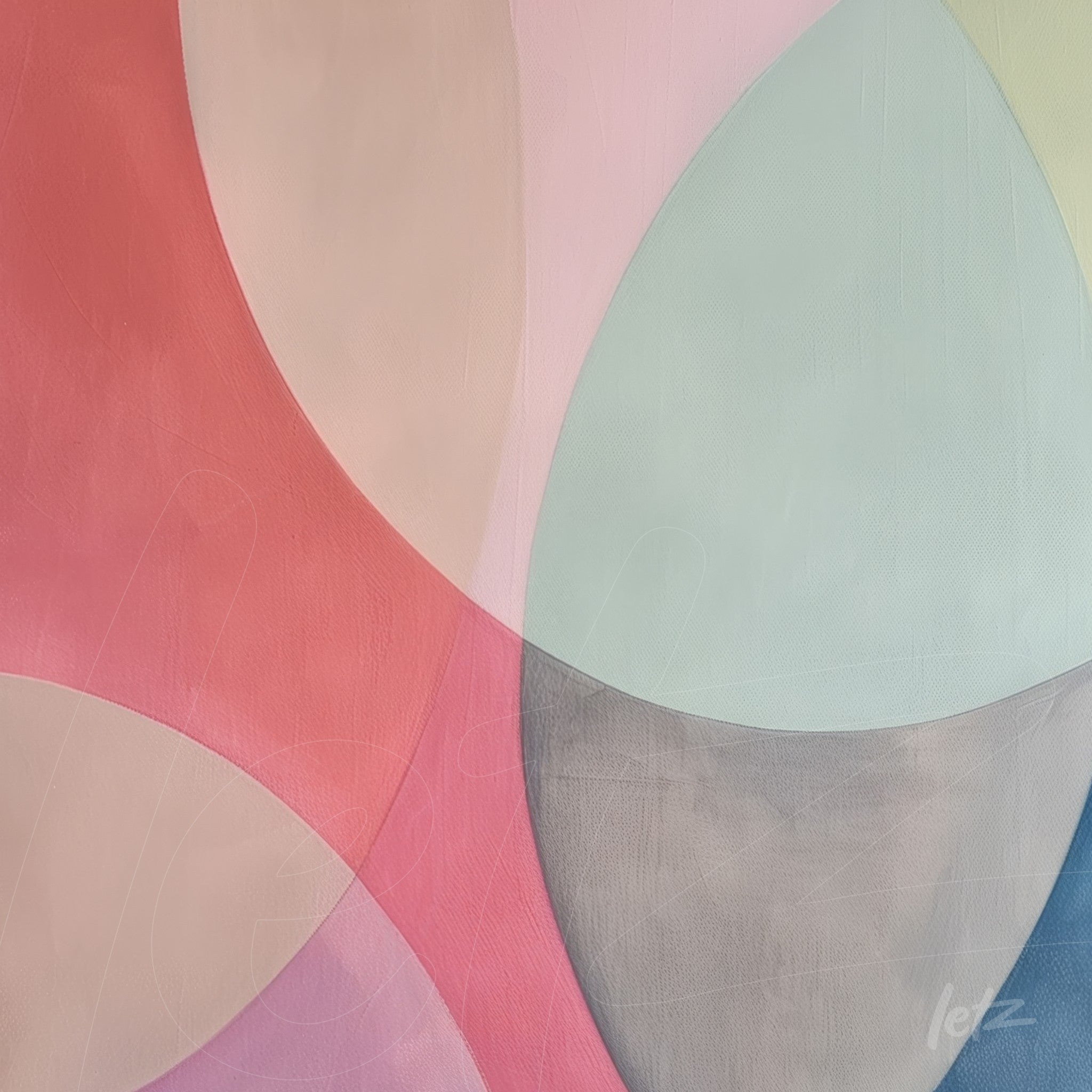 abstract art detail featuring oval shapes in shades of pink, gray, and light green against a soft background