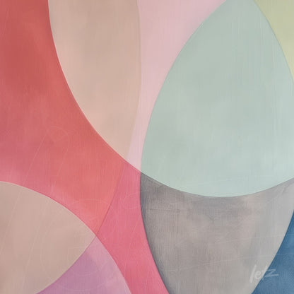 abstract art detail featuring oval shapes in shades of pink, gray, and light green against a soft background