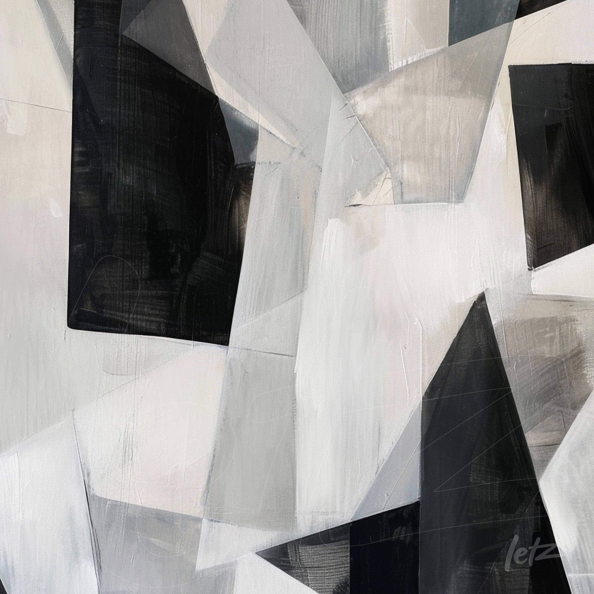 abstract artwork in black, white, and gray featuring interlocking geometric shapes