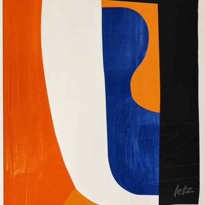 modern abstract wall art with geometric shapes in shades of orange, blue, and black on a light background