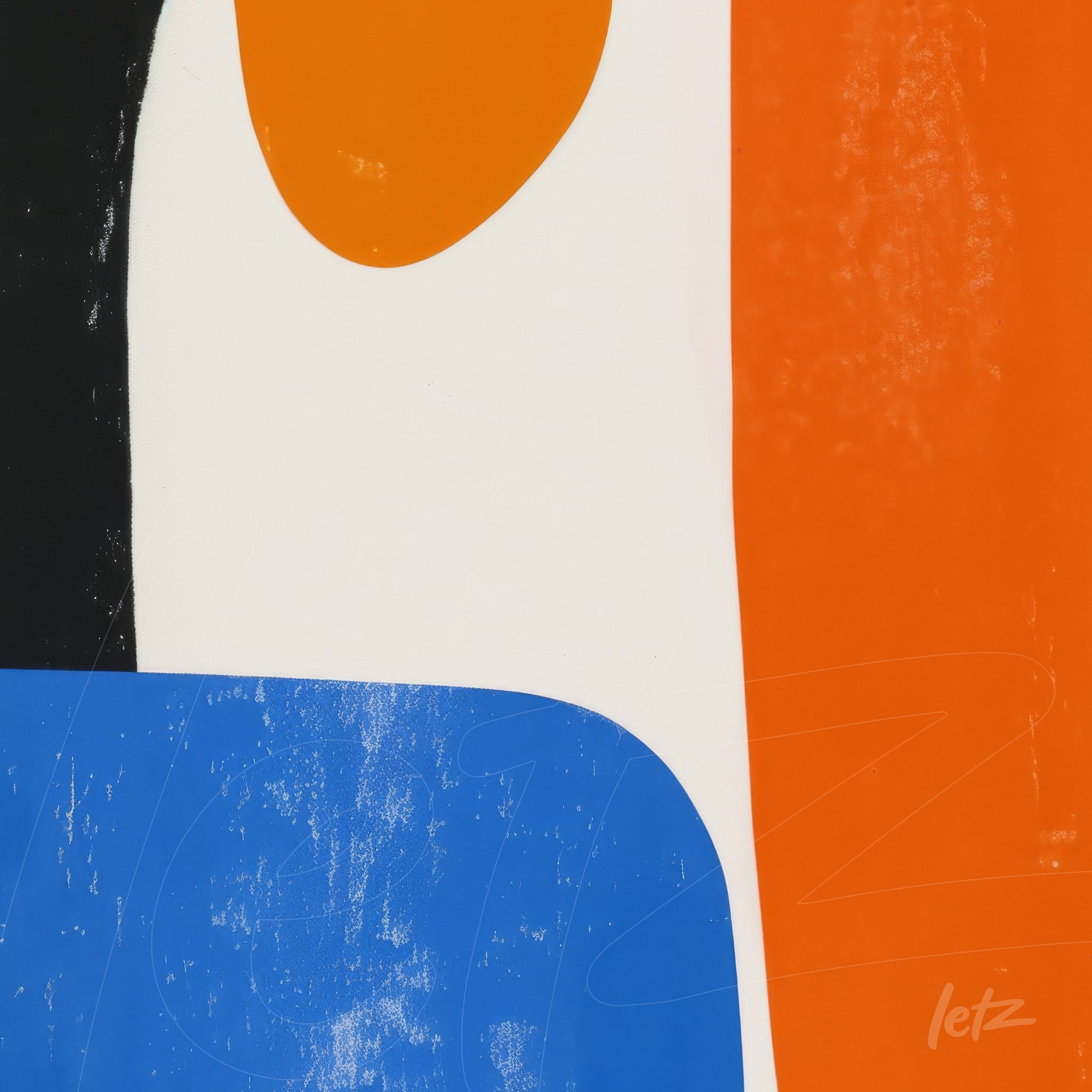 detail of abstract art featuring geometric shapes in shades of orange, blue, black, and white