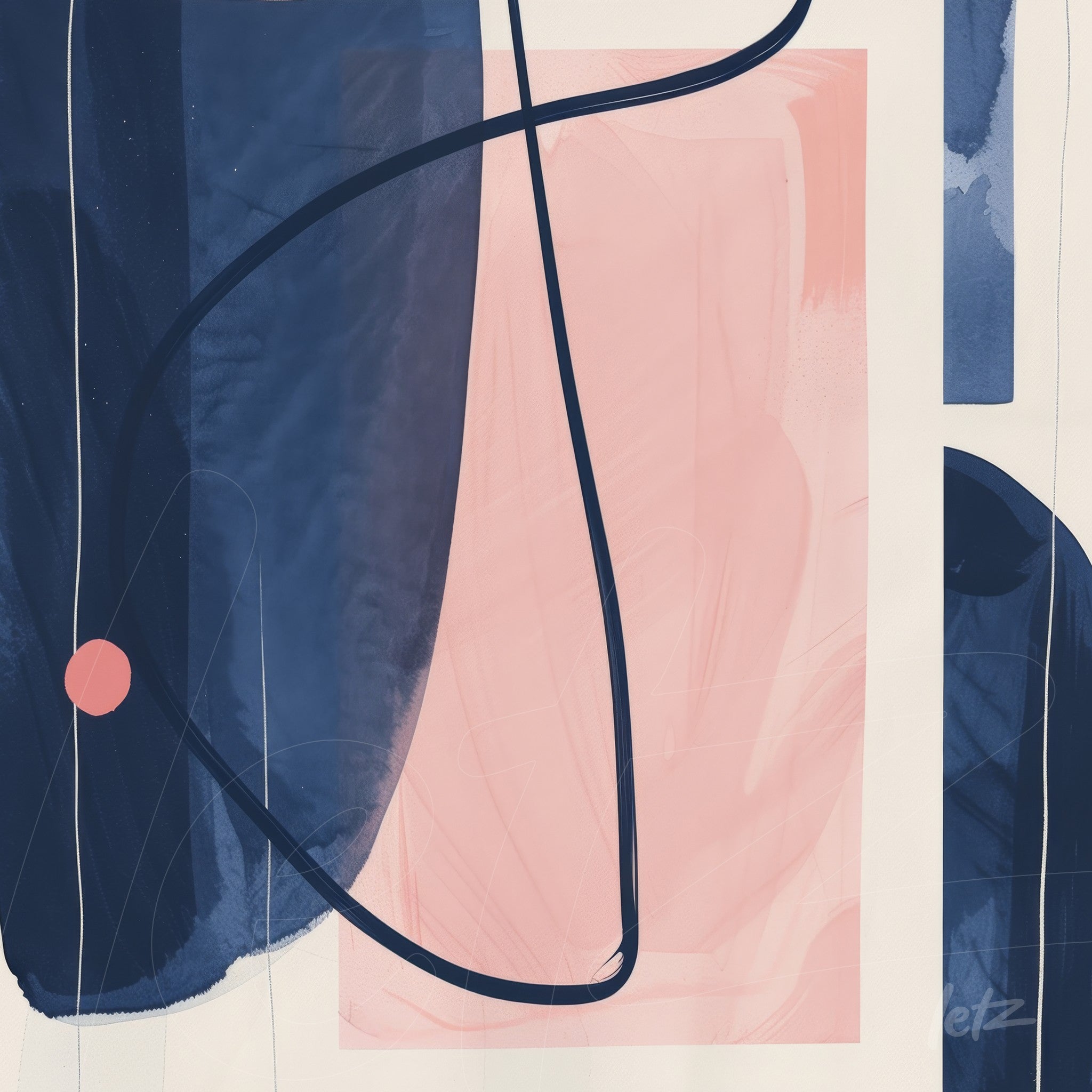abstract wall art in shades of blue and pink featuring curved lines and geometric shapes