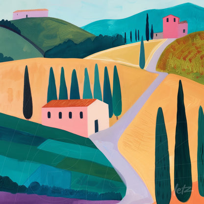 vibrant countryside painting featuring lush hills, a winding road, and pink houses with red roofs surrounded by cypress trees