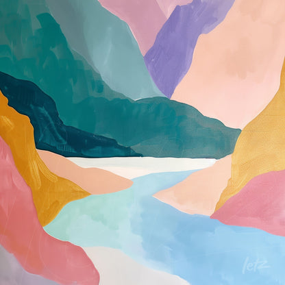 abstract artwork featuring soft colors and fluid shapes that depict a mountainous landscape with a central body of water