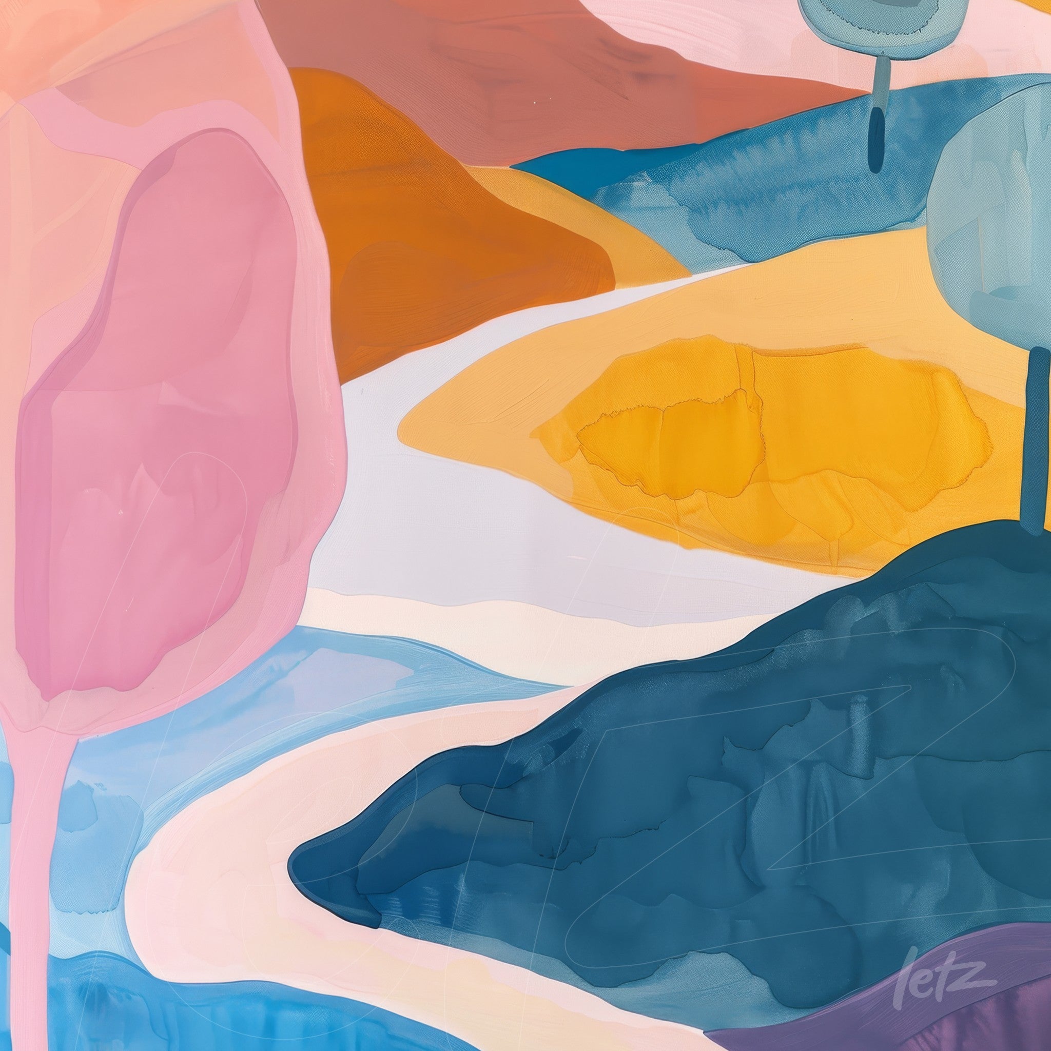 abstract digital art with fluid shapes in pastel tones including pink, yellow, and blue over a light background