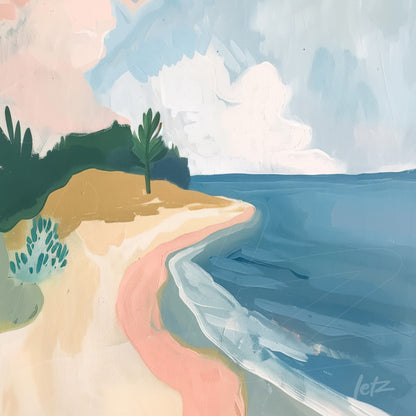 canvas art depicting a beach landscape with golden sand, light blue water, and green vegetation in the background