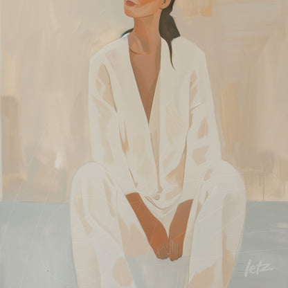 minimalist digital artwork of a seated woman in neutral tones, featuring a light background and white clothing