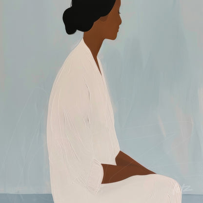 digital art of a seated woman in profile with soft blue background