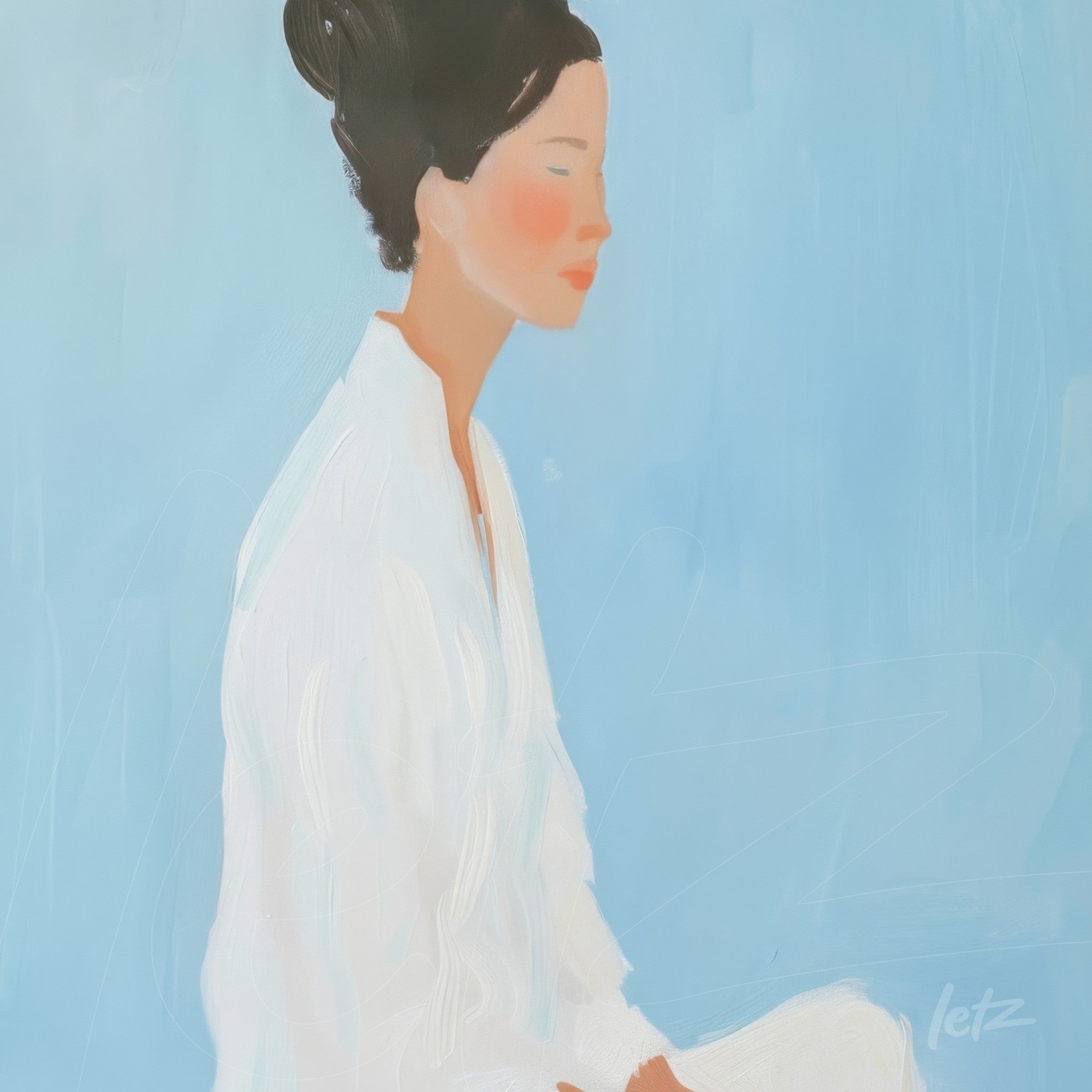 painting featuring a profile portrait of a woman in a white blouse against a light blue background
