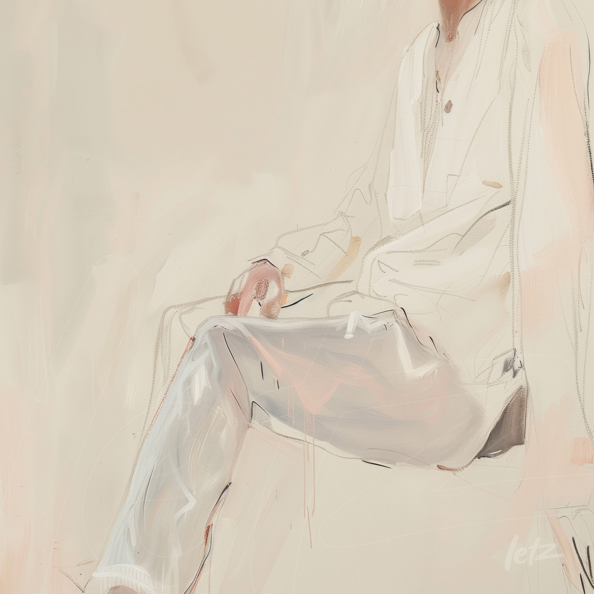 abstract artwork depicting a seated human figure in light clothing against a neutral background