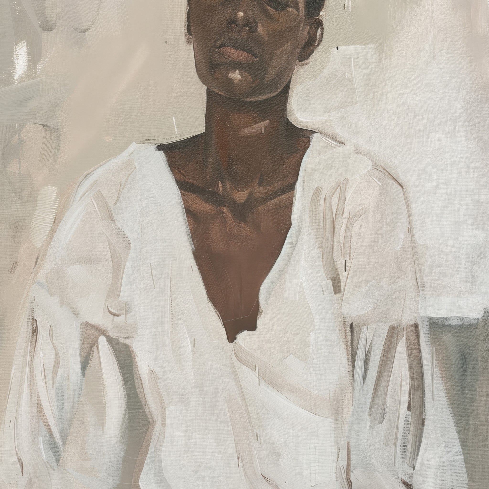 digital art of a female portrait featuring a model in a white blouse against a light background