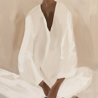 digital artwork of a seated female figure in meditation pose wearing a white tunic against a neutral background