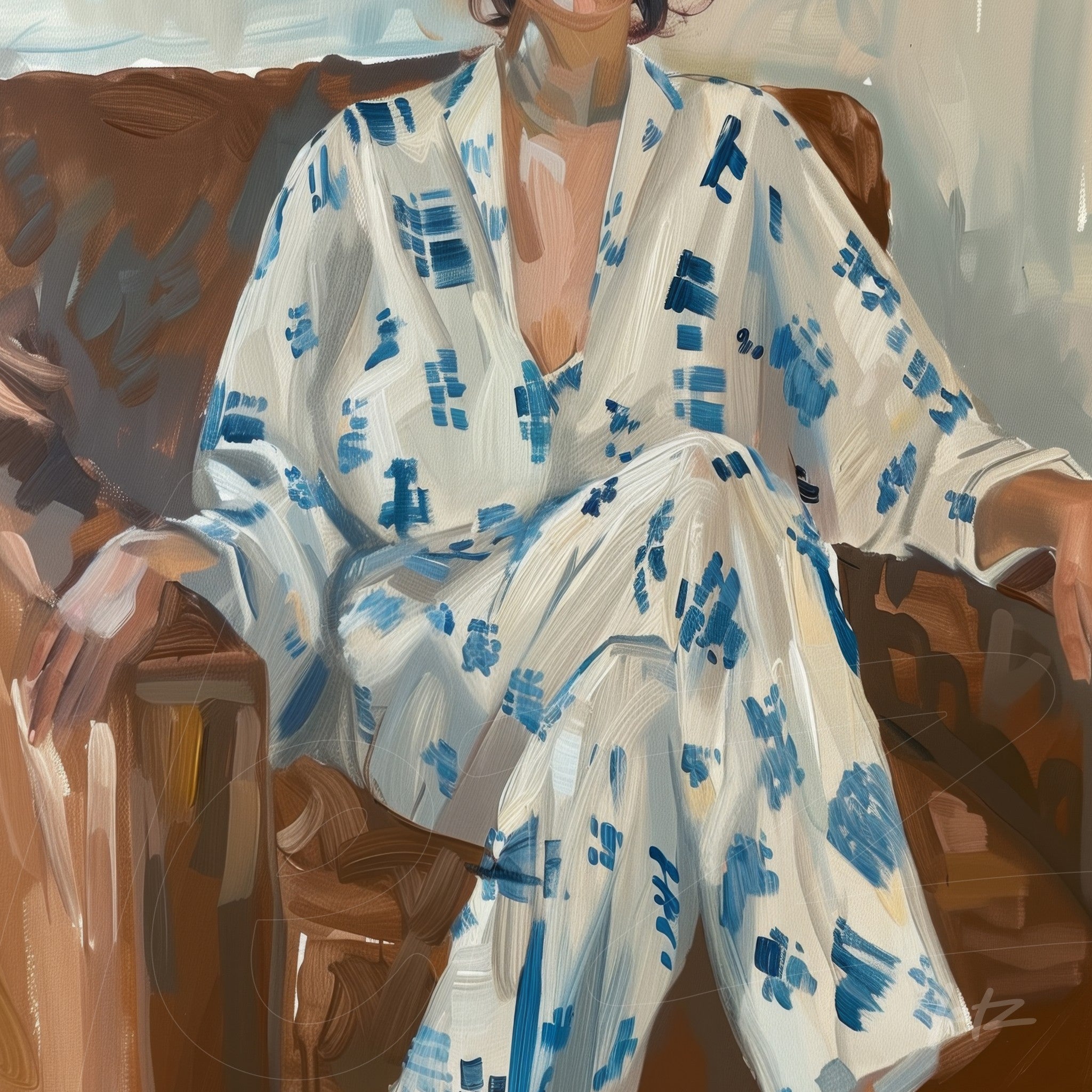 digital artwork depicting a woman sitting on a brown sofa, wearing a white pajama with blue patterns