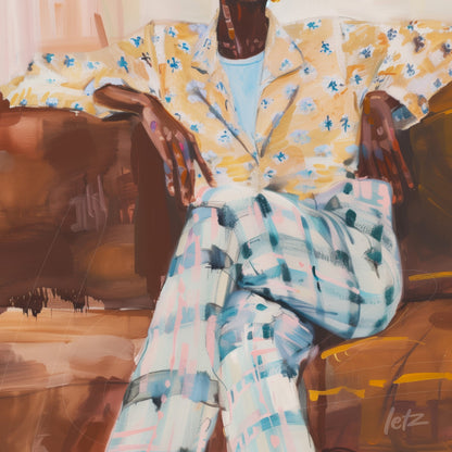 framed art of a man sitting on a sofa, wearing a yellow floral shirt and pastel plaid pants