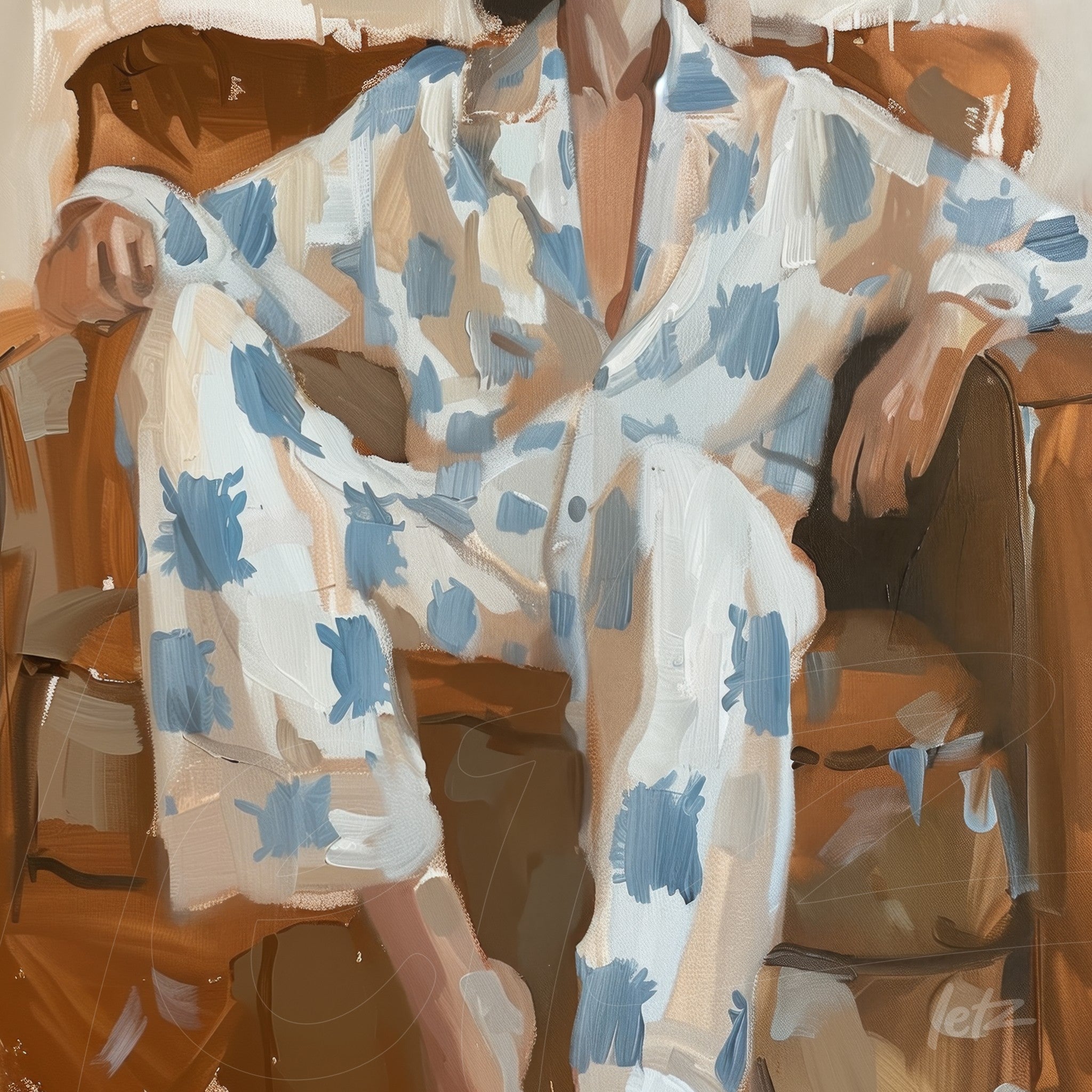 digital artwork of a man sitting on a couch wearing blue and white patterned pajamas