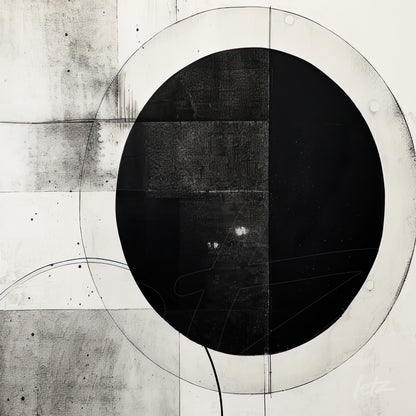 abstract art in black and white featuring large circular shapes on light background