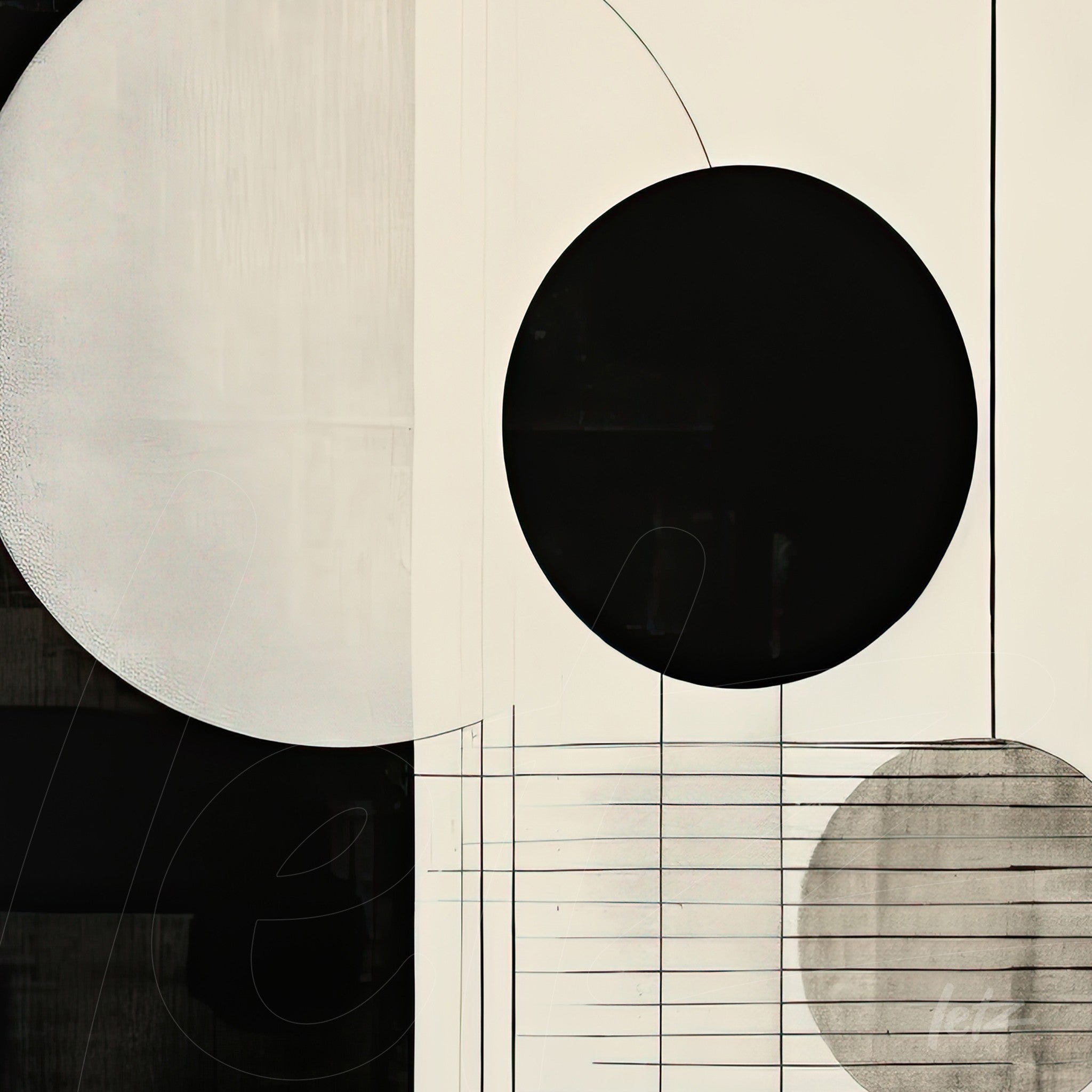 abstract artwork in black and white featuring circular shapes and subtle lines