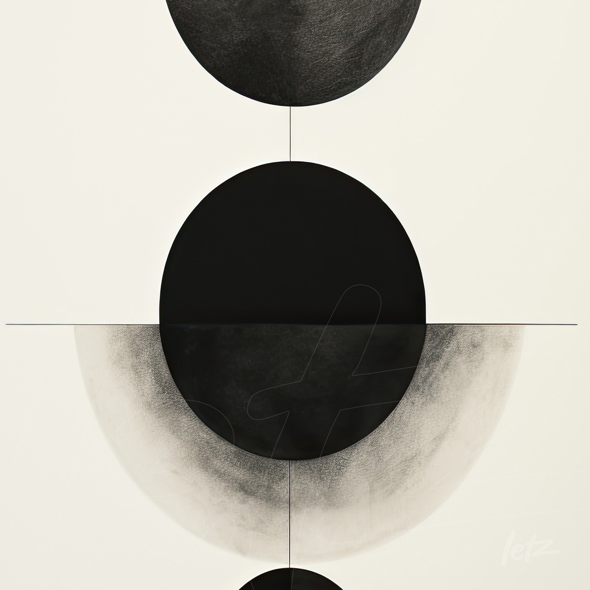 abstract black and white artwork featuring symmetrical circular shapes on a light background