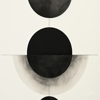abstract black and white artwork featuring symmetrical circular shapes on a light background
