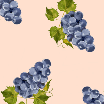 digital artwork featuring clusters of purple grapes on a light pink background