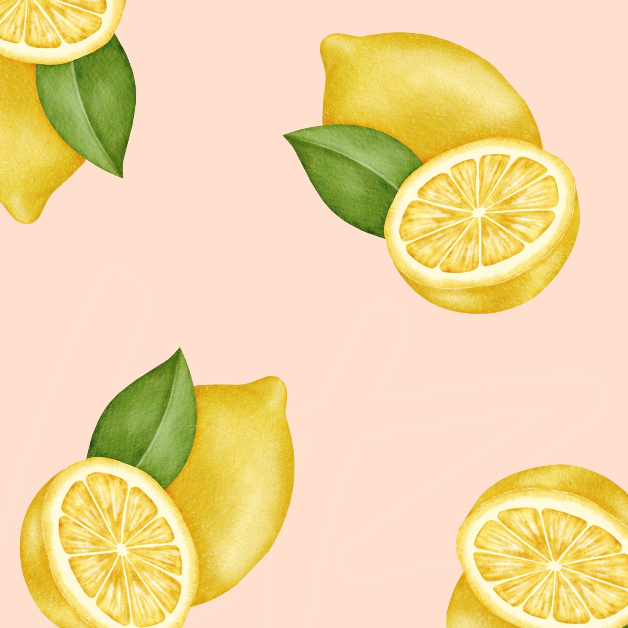 digital artwork featuring fresh lemons, green leaves, and light pink background in a balanced composition