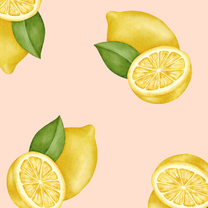 digital artwork featuring fresh lemons, green leaves, and light pink background in a balanced composition